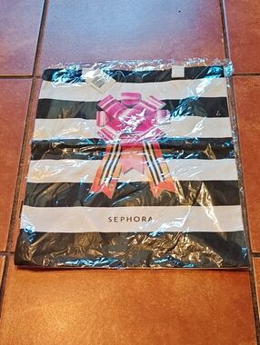 Sephora Black & White Striped Tote with Pink Bow Accent